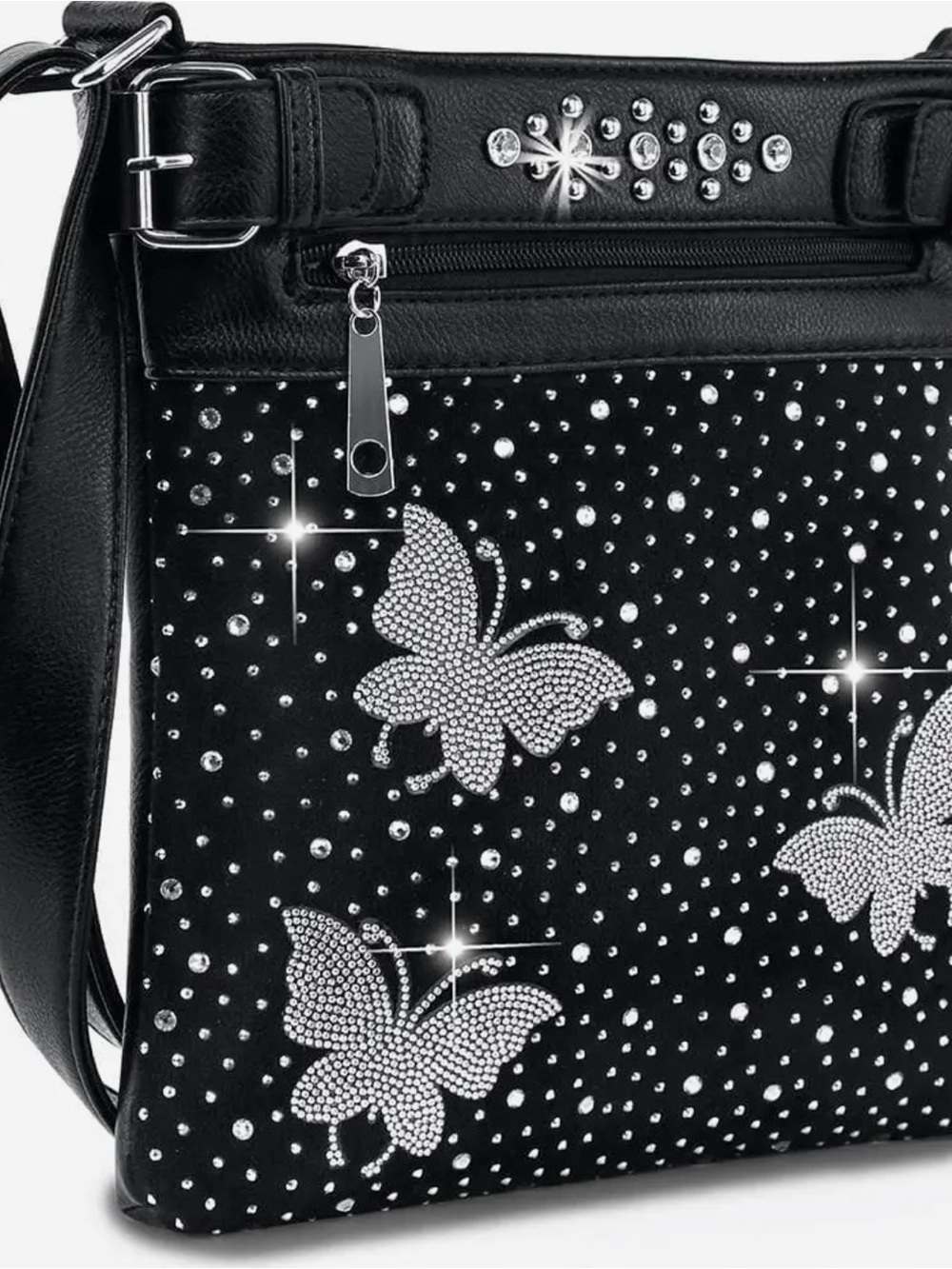 Black Butterfly Crystal Shoulder Bag - Sparkle Accent